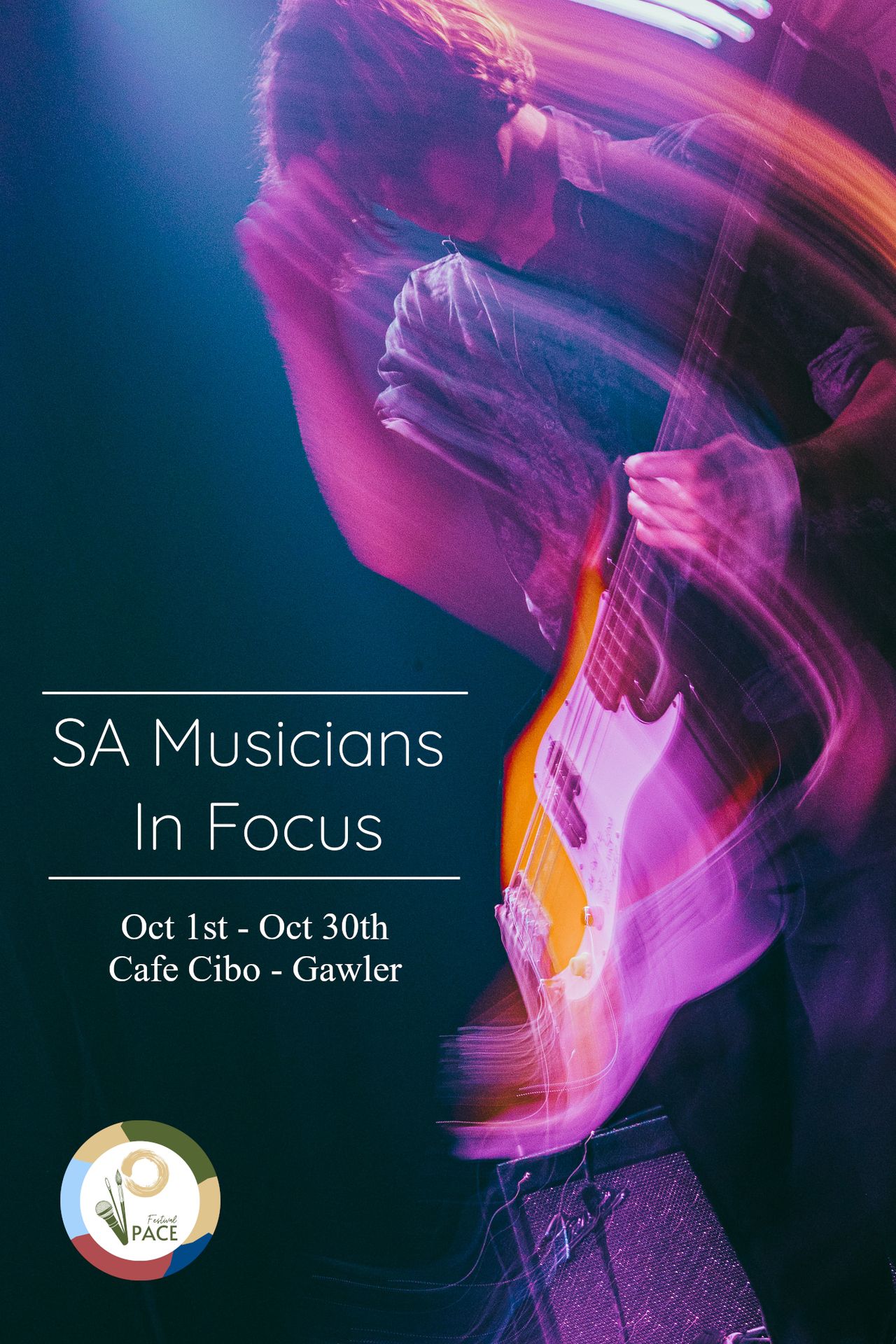 SA Musicians In Focus event poster featuring a blurry electric guitarist and details for Oct 1st-30th exhibition at Cafe Cibo in Gawler.